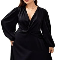 Елегантни обикновени черни в шия на жените с линия с дълъг ръкав плюс рокли с размер