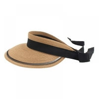 Дамски сламени слънчеви шапки за козирка Широки ръб сгъваеми летни плажни шапки слънчеви шапки с вятърни ремъци и възелче на лък