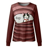 Кръгли пуловери за шия за жени жени небрежен дълъг ръкав котка печат O-хилята разхлабена риза пачуърк пухка