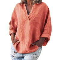 Huaai дамски дълъг ръкав с v-образно туники върхове памучно бельо Kaftan Дами торбичка блуза тениска върхове оранжево м