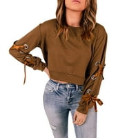 Дамски върхове модна тенденция кръгла шия солиден цвят пуловер ежедневна превръзка с дълъг ръкав с дълги ръкави, свободна отгоре