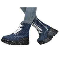 Oucaili дамски модна обувка дантела нагоре по клин пета ботуши платформа глезена ботуши дишаща страна zip къси обувки дами обувки тъмно синьо 5.5