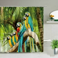 Папагал душ завеси океан водопад плаж тропически палмово дърво пейзаж плат Планк зелено растение птица печат баня декор
