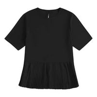 Дамски блузи женски върхове кръгла шия плът хем свободен къс ръкав плисирана риза тениска тениска черна xs