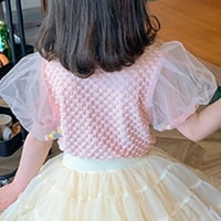 Момичета за малки деца върхове на тениската чист цвят балон ръкав лято нова модна шева прежда късо ръкав