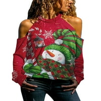 Skksst дамски халтер студено рамо Коледа отпечатана блуза тениска върхове