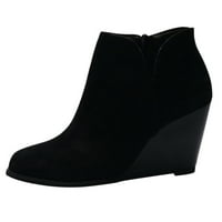 HGW Fashion Women Suede Kedges Zipper Solid Color Short Booties Round Toe Shoes for Women Black 38