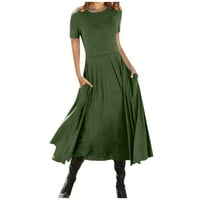 Дамски рокли кръгло деколте ежедневно със средна дължина солидна а-линия късо ръкав лятна рокля зелено s