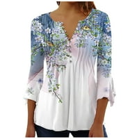 Туники за жени облечени ежедневни Henley v вратни лъжички флорални блузи ръкав свободни горни върхове светлосини l