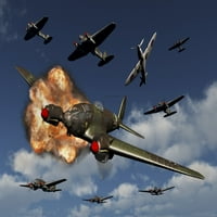 Германски ханкел той бомбардировач под атака от RAF Supermarine Spitfire. Печат на плакат от Марк Стивънсън Стоктрек изображения
