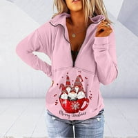Женски коледни ризи с дълъг ръкав суичър сладък v врат забавен цип нагоре графичен отпечатан грозен коледно пуловер отгоре