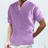 Мъжки модни ежедневни памучни спално бельо Henley Neck Solid Rish Long Loweve Fall ризи за мъже, мъже пуловер риза стендъп тениска тениска поло голф ризи за мъже, лилаво & s