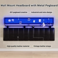 Рамка за легло на Queen Platform с LED светлини, FAU кожена тапицирана рамка за легло с табла за табло и пегборд, не е необходима Bo Spring, черна, черна, черна