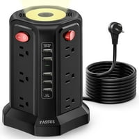 Surge Protector Power Strive Tower с USB портове и нощна светлина, 10 фута удължителен кабел с променлив ток, захранваща кула, защита от претоварване за общежитие за домашен офис