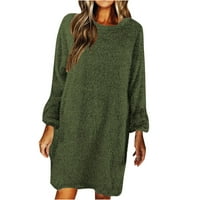 Дамски рокли есен и зима casaul солиден дълъг ръкав свободен о-образен косъм пуловер пуловер рокля армия зелено l
