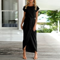 Sundresses for Women Fashion Fomen Party Solid A-Line Кръгло деколте с дължина на глезена с къс ръкав черен 2xl