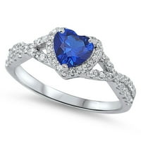 Сърдечно синьо симулиран сапфирен камък, заобиколен от кръгъл кубичен циркония вихрен дизайн пръстен Sterling Silver 925