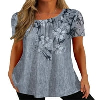 Капризи жени летни върхове с къс ръкав тениска екипаж тениска с тениска хлабав тий флорален печат туника блуза сиво xs