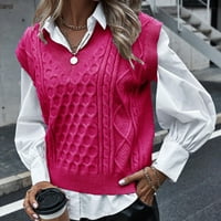 Bvnarty отстъпки пуловери за жени, плетени големи пуловери Модна топла комфортна свободна жилетка пуловер пуловер солиден цвят без ръкави V-образно горещо розово m