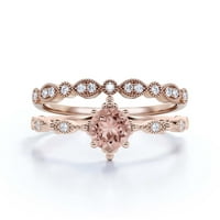 Ослепителен Boho & Hippie 1. Карат кръг морганит и диамантен мосанит годежен пръстен, сватбен пръстен в сребро със стерлинги с 18K розово злато, достъпен подарък, булчински комплект, съвпадаща лента