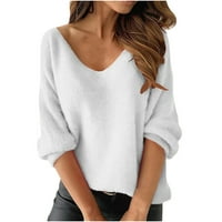 Hfyihgf Женски ежедневни тениски за върхове с дълъг ръкав от пети от отпечатани леки блузи и върхове （White, XL)