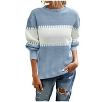Aoksee пуловери за жени модни модни дълги ръкави кръг цвят на врата, съвпадащи на свободни върхове блуза плетен пуловер