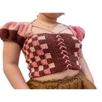 Мултитроудни женски върхове, квадратна шия с къс ръкав контраст цвят кариран печат пуловер плетен риза за млади дами