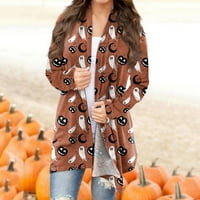 Sksloeg Summer Cardigan за жени с дълъг ръкав Knit Cardigan Open Front Lightweight Coyse Coat Halloween Cat Pumpkin Print Casual Duster, кафе 5xl