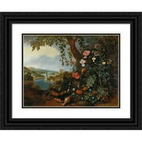 Matthias Withoos Black Ornate Wood Famed Double Matted Museum Art Print, озаглавен - Пейзаж с цветя и капан за котлуна и птица