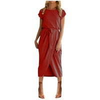 Bazyrey Midi летни рокли за жени солидни летни рокли женски кръгло деколте модерни къси ръкави летни рокли червени s