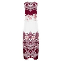 Retro Print Boho рокля с джобна ваканция Sundress Swing Dress Leeveless v Neck Flowy Dress Wine L