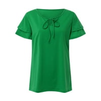 Лятни основи OtemrCloc Дамски летни върхове Руф за къси ръкави v Врат блузи Тениски Тениски Топ Зелен XXL