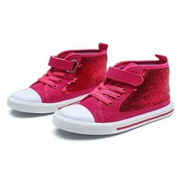 Lacyhop Girls Canvas Sneakers Sequin Flats Висока топ скейт обувки ходене регулируеми ежедневни обувки Вълшебна лента принцеса Роза червено 8toddlers