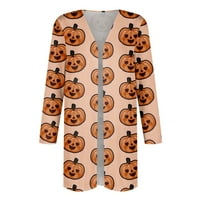 Sksloeg дамски жилетка отворена фронтова жилка с дълъг ръкав Хелоуин котка тиква принт Duster Леки пуловери палто, оранжево 2xl