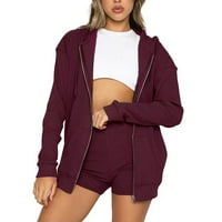 Завършил екип за жени тренировъчен комплект женски спортен костюм Zipper Cardigan с дълъг ръкав пуловер пуловер шорти комплект вино xxl