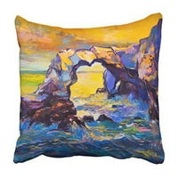 Синя оригинална абстрактна маслена живопис на скали и океан на платно модерна плажна калъфка за възглавница за възглавници