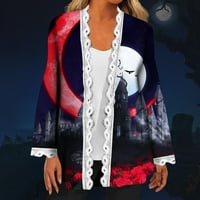 YUBATUO Женски моден ежедневен Хелоуин печат дантела с дълъг ръкав жилетка на жилетка за жени Vermilion s