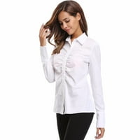 Мис Моли Женски рохкав шифон риза с дълъг ръкав Небрежна V Neck Blouse Ruched Top Office Lady White