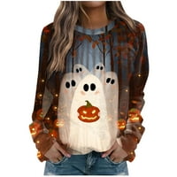 Ткинг модни върхове с дълъг ръкав за жени Crewneck Хелоуин ризи за печат Небрежно разхлабена пуловер Блуза Оранжев XL