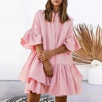 IOPQO рокля с дълъг ръкав за жени вратовръзка отпред еластична талия, многостепенна ръба слой флорален балон v шия рокля розова рокля