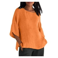 Големи ленени ризи за жени с къси ръкави върхове блузи редовно прилепнали тениски пуловер тениски върхове солидни тениски екипаж на врата на шията блузи лесно грижи меки дишащи пуловер върхове оранжево xxxxxl