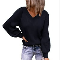 HGW пуловер за дамски есен нов ежедневен свободен плътно цветово пуловер пуловер с дълги ръкавици черен m