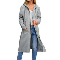Разхлабена цип дълъг кардиган яке женски суичър с качулка дълъг палто с джоб, сиво