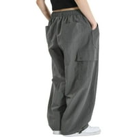 Biekopu жени Небрежни товарни панталони, твърд цвят еластични ниски талии модни панталони със странични джобове