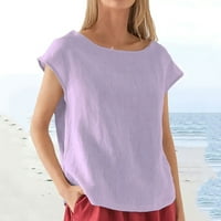 Fnochy женски ризи клирънс солиден цвят лятна мода подрязана ръкав ревера с v-образно памучна линия разхлабена блуза