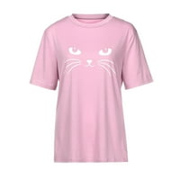 Дамски върхове дамски лятна сладка котка печат върхове с къс ръкав тениски блуза розово m