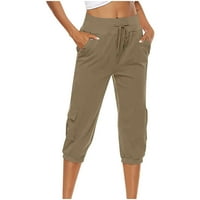 Simplmasygeni Capri Pants for Women Fashion Casual Solid Color Elastic Loose Pants Прави широки панталони за крака с джоб