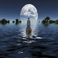 Човек в лодка плава към зелен хоризонт. Планетата се издига над спокойна водна повърхност. Печат на плакат от Bruce Rolff Stocktrek Images