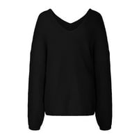 Smihono DrawString Backless Pullover Кратки пуловери за жени v шия свободни ежедневни женски модни солидни дълги ръкави женски свободно време черно xxl