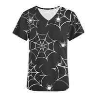 Mchoice Halloween Scrub Tops жени с къси ръкави V-образни върхове работещи униформени тиквени паяжини от печата блуза с джобове